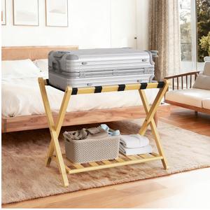 26.77"L Luggage Rack, Natural Luggage Rack for Guest Room, Bamboo Folding Suitcase Stand with Storage Shelf, 5 Nylon Straps, Heavy Duty Luggage Holder for Bedroom Hotel, 1 Pack, Gift Box Packaging