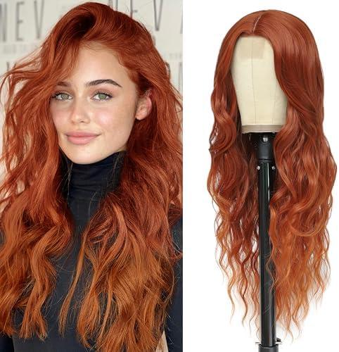 BUPPLER Cosplay Long Copper Wig 26 Inch Middle Part Synthetic Wig Realistic Gifts Party Wigs for Women Daily Use Colorful Wigs (Copper)