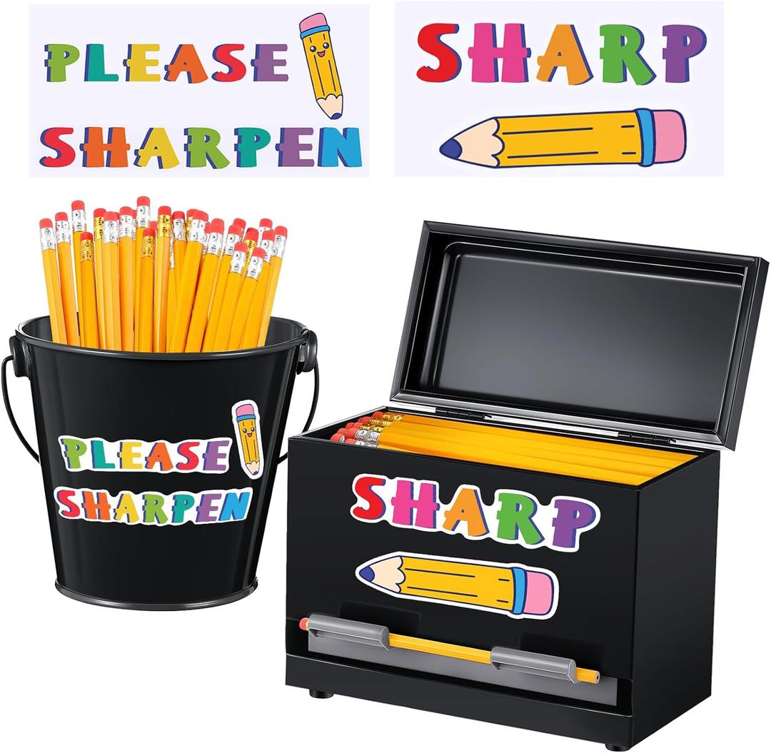 Yaocom Stainless Steel Pencil Dispenser Pen Holder Pencil Bucket with 2 Stickers Small Metal Bucket with Handle for Bulk Pencils Storage Supplies(Black)