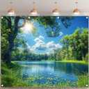 Fabric 10x8ft Lake Natural Scenery Backdrop River Forest Tree Blue Sky Bokeh Background Picnic Camping Hiking Spring Outdoor Party Decorations Photoshoot Banner Props