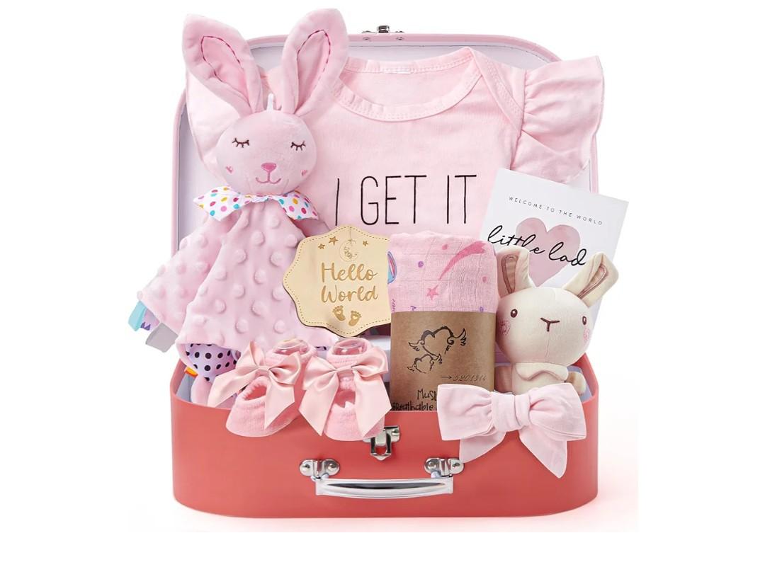 Golray Baby Shower Gifts for Girls, Baby Girl Gifts Baskets with Rattle, Blanket/Bodysuit Set, New Born Essential Stuff, Gender Reveal Ideas Infant New Born Baby Girls Gift Basket
