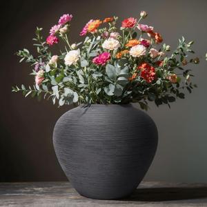 Rustic Black Ceramic Vase with Textured Finish, Large Round Terracotta Vases for Farmhouse Home Decoration, Wide Mouth Vintage Pottery Vases for Living Room, Kitchen, Table Centerpieces (Small)