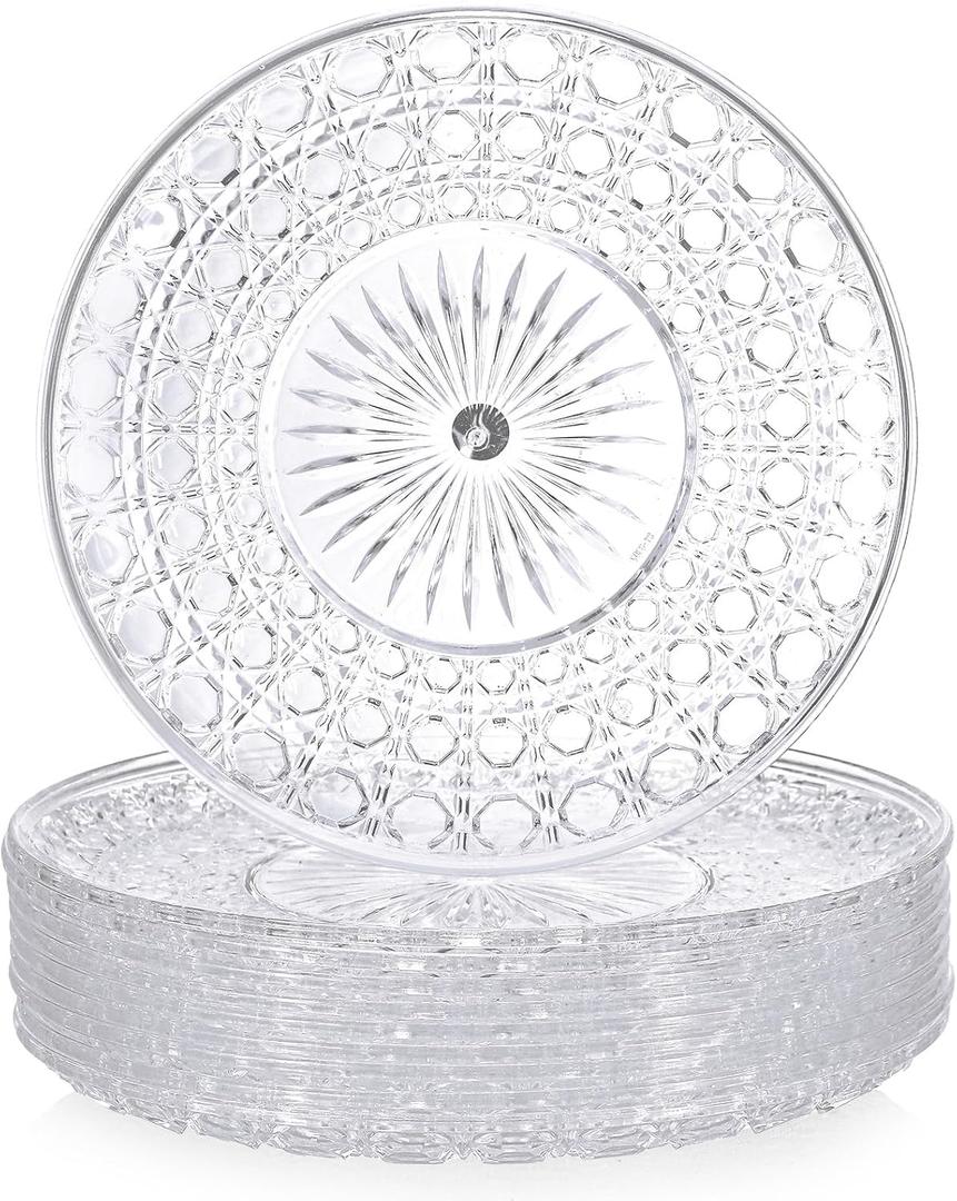 10 Pcs Round Plastic Serving Platters Bulk Clear Plastic Tray Acrylic Crystal Flan Plates Diamond Embossed Dinnerware for Party Food Cake Cookie Fruits Birthday Wedding Supplies(9.8 Inch)