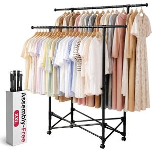 No-assembly Clothes Rack，Double Rod 59-Inch Rolling clothing rack