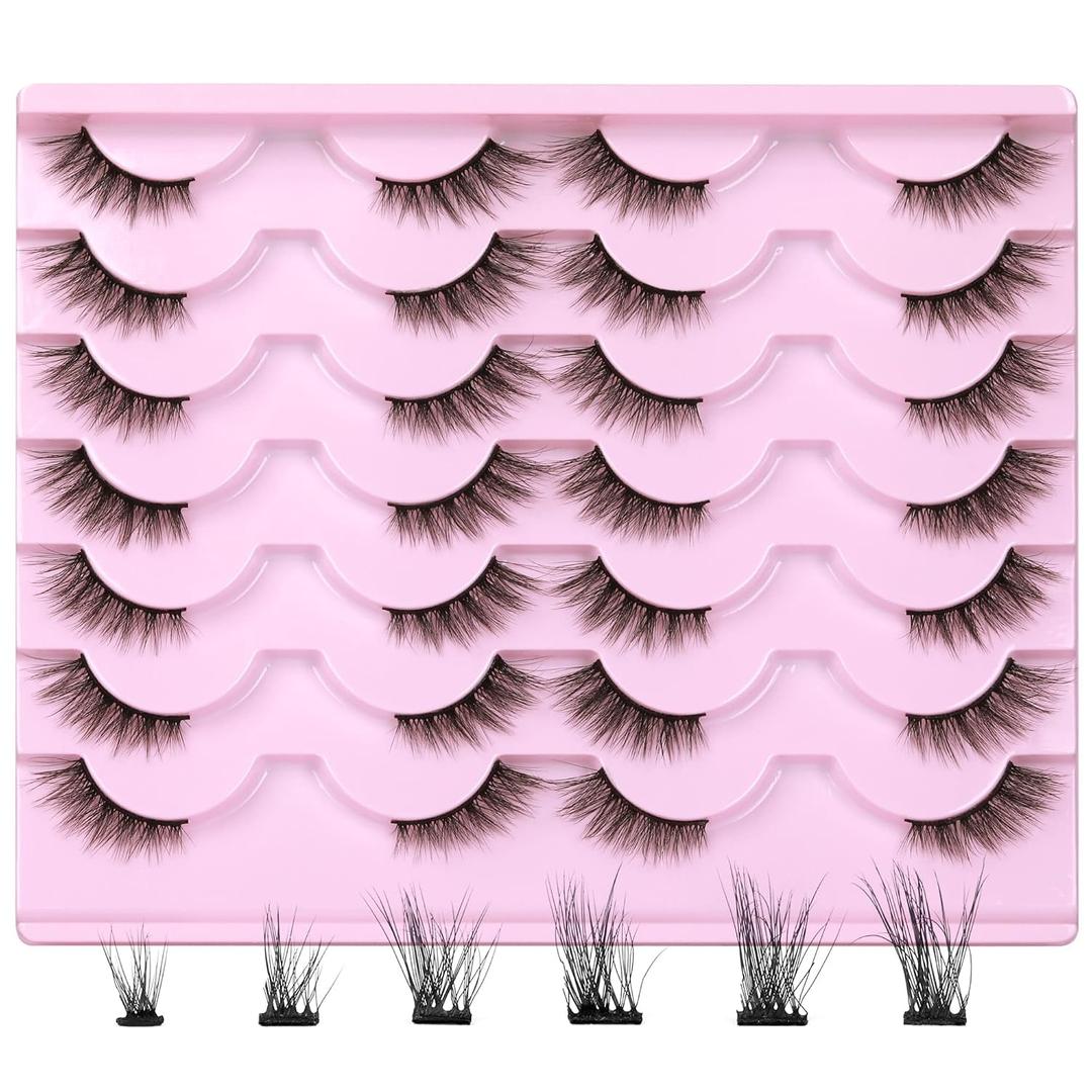 Newcally Half Lashes Mink Natural Cat Eye Wispy False Eyelashes 3D Volume Strip Fake Eyelashes Accent Corner 3/4 Eye Lashes DIY Cluster Faux Mink Half Eyelashes 14 Pairs