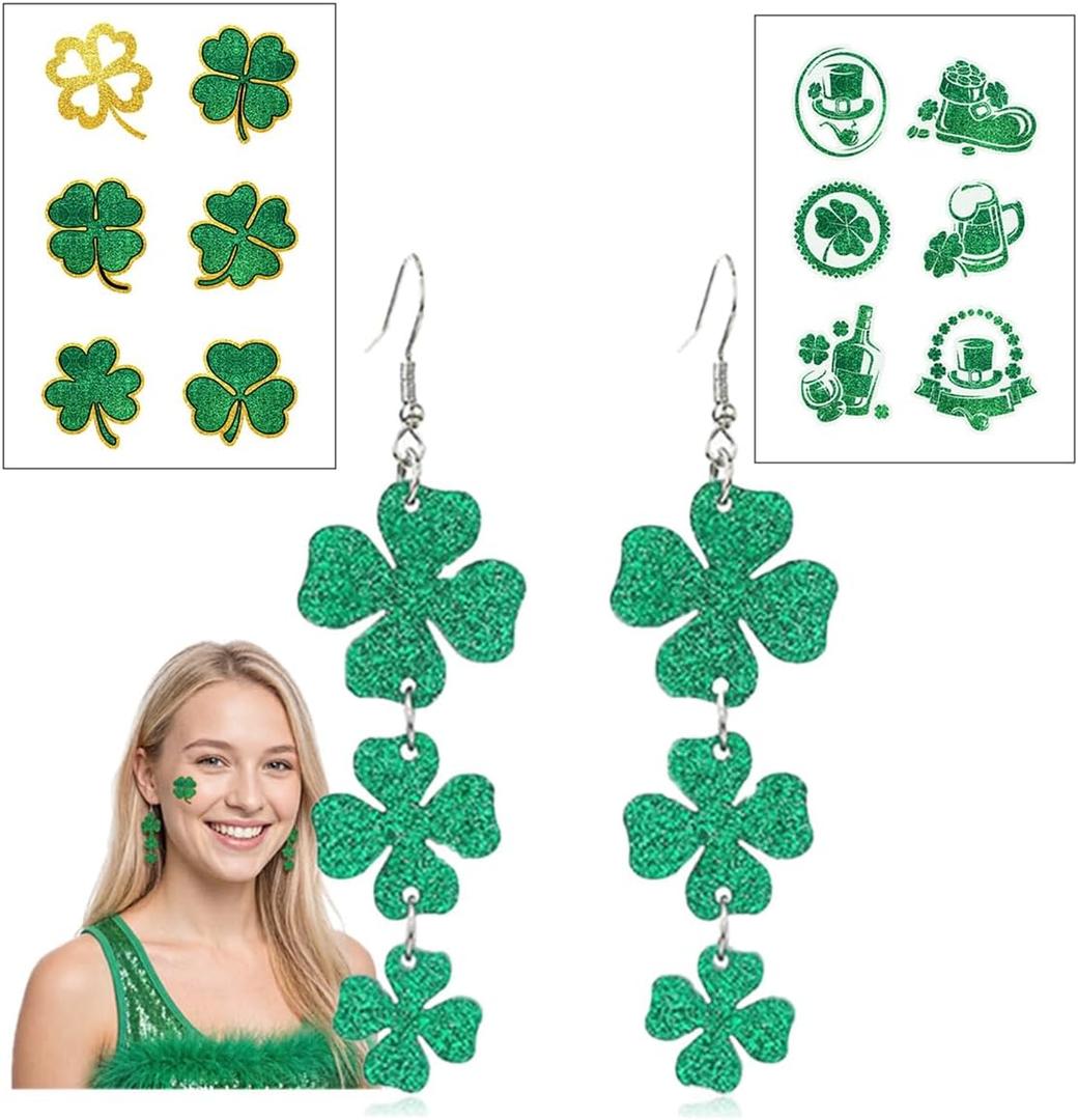 3 x St Patricks Day Sparkly Earrings & 12 patterns Glitter St. Patrick's Day TattoosShamrock Holiday ElementsGreen Gift Bag Shamrock Dangle for Women, Accessories Good Luck Tattoos Hoop