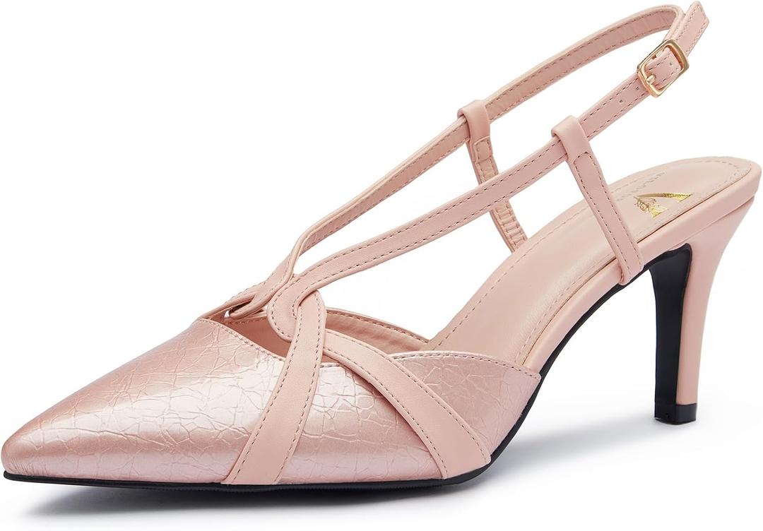 Women's Slingback Kitten Heels - Closed Pointed Toe Pumps with Cross-Strap Low Heel Dress Shoes for Wedding, Party & Daily Wear (Pink)