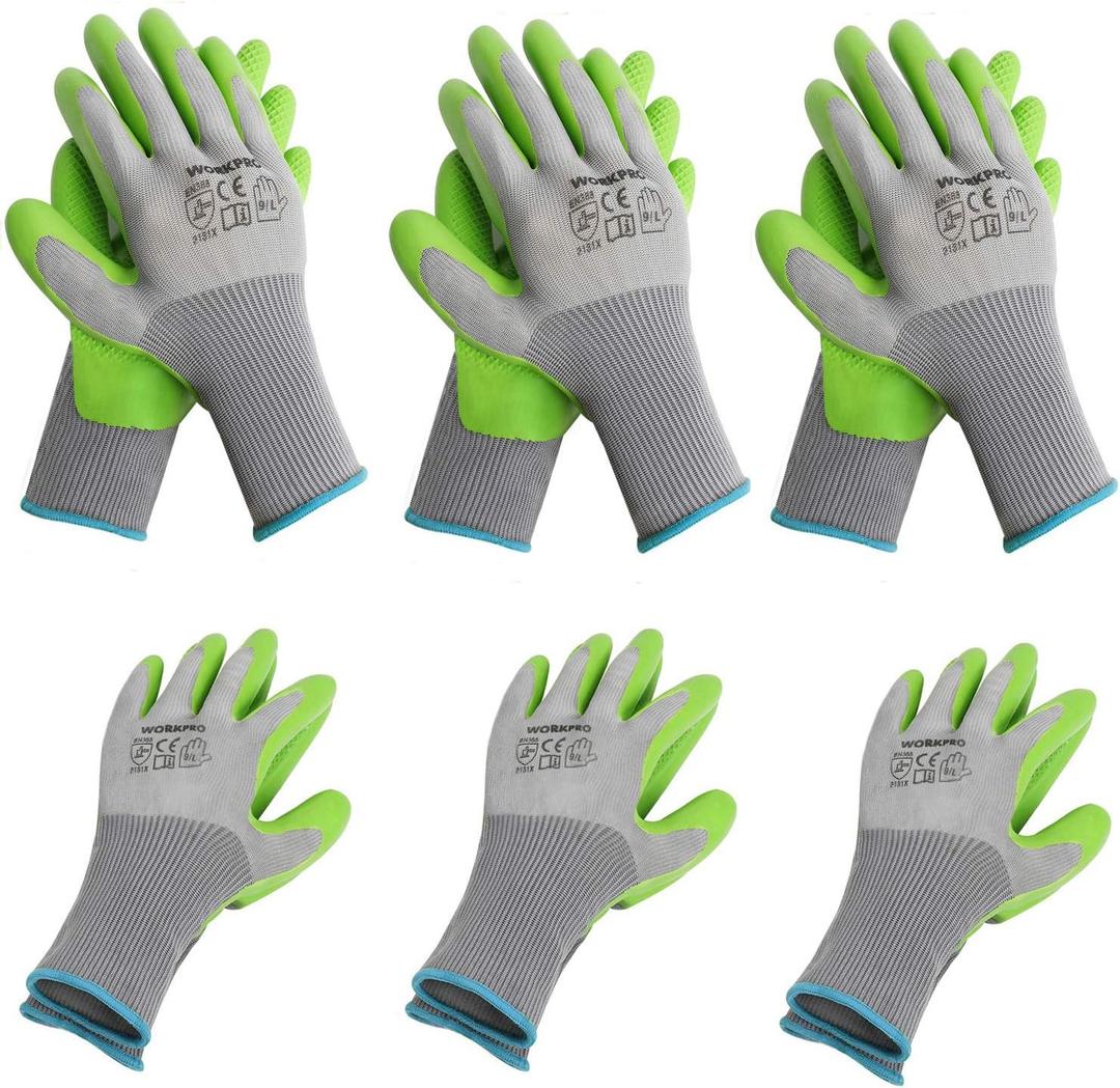 WORKPRO 6 Pairs Garden Gloves, Work Glove with Eco Latex Palm Coated, Working Gloves for Weeding, Digging, Raking and Pruning, (L)