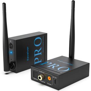 1Mii 2.4GHz Wireless Audio Transmitter and Receiver (1 TX+1 RX), HiFi Audio, 20ms Low Latency, 328ft Long Range Wireless Kit for Speaker/Stereo/Soundbar, Optical/Coaxial/3.5mm(RCA) Ports