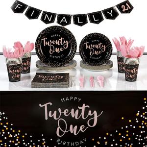 Sparkle and Bash 21st Birthday Decorations for Her & Party Supplies Kit - 170-Piece Paper Plates Set, Napkins, Cups & Utensils for 24 - Black & Rose Gold - Tablecloth & Finally 21 Banner