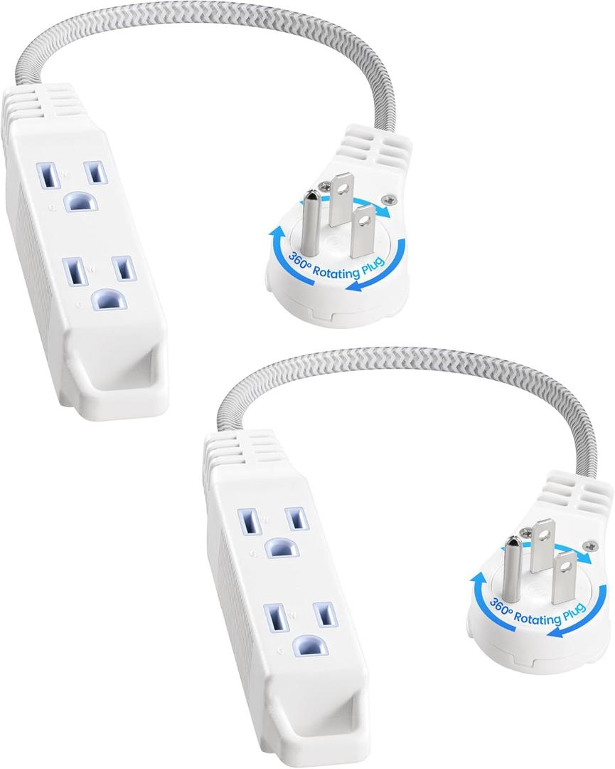 SURAIELEC 1FT Extension Cord, 360 Rotating Flat Plug Extension Cord Flat Wall Plug with 3 Outlets, White Braided Flat Cord for Indoor Use, Compact Areas, 16/3C SPT, ETL Listed, 2 Pack
