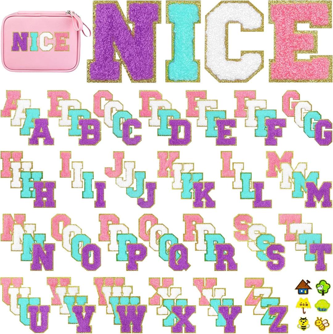 Jongdari Iron On Letters Chenille Letter Patches for Clothing, 2.2'' Varsity Self Adhesive Letters Embroidery Glitter Stick On Alphabet Patches (Pink, While, Blue, Purple. 110pcs)