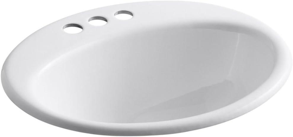 KOHLER 2905-4-0 Farmington Drop-In Oval Bathroom Sink with 4" Centerset Faucet Holes, High Gloss Finish, White