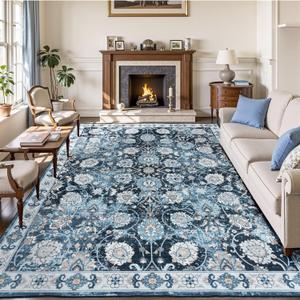 Blue 9x12 Area Rugs for Living Room, Washable Large Rug, Vintage Floral Soft Carpet, Non Slip & Low Pile, Wool Carpets for Indoor Bedroom Dining Home Playroom Office Under Table, Blue Garden