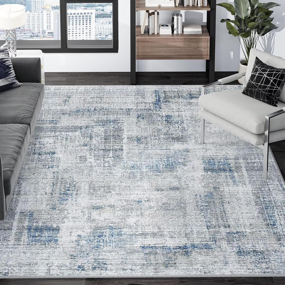 Eleisa Modern Abstract 3x5 Area Rug for Living Room, Blue & Grey, Non-Slip Stain Resistant Washable Rug, Abstract Vintage Home Decor Carpet for Bedroom, Kitchen, Dining Room