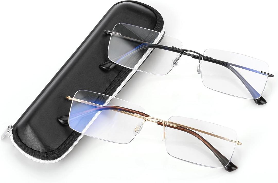 SKYOAK 2 Pack Executive Frameless Progressive Multifocus Reading Glasses for Men, Metal Rimless Blue Light Computer Readers (1.75x, Gunmetal + Gold/Single Vision Readers)