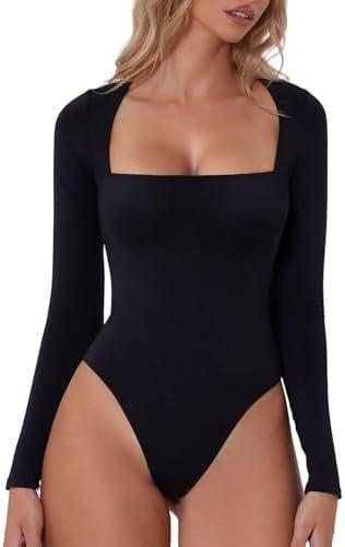 QINSEN Women's Sexy Square Neck Bodysuit Long Sleeve Double Lined Shirt Tops, Medium