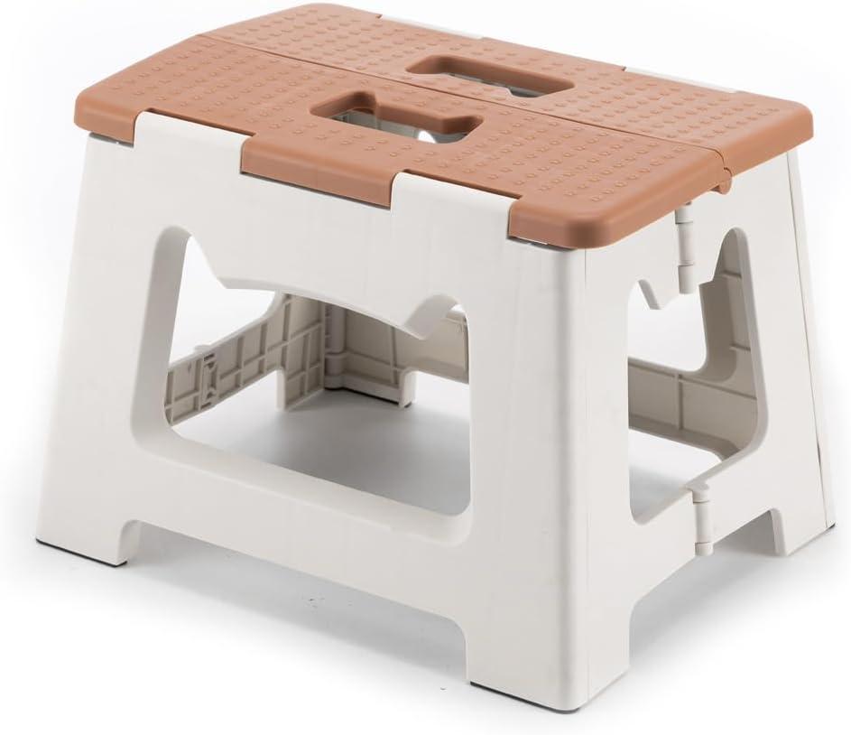 9'' Folding Step Stools for Kids and Adults, Hold Up to 300 lbs, Portable Foldable Step Stool for Toddlers, Plastic Small Collapsible Stepping Stools with Handle for Kitchen Bathroom (Khaki)