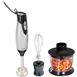Hamilton Beach 4-in-1 Electric Immersion Hand Blender with Handheld Blending Stick, Whisk + 3-Cup Food & Vegetable Chopper Bowl, 2-Speeds, 225 Watts, Silver and Stainless Steel (59765)