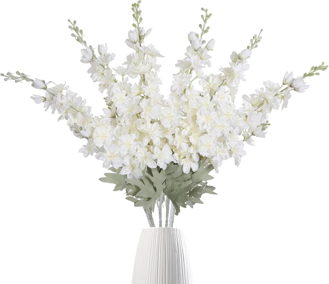 IPOPU 6 pcs Delphinium Artificial Flowers White Larkspur Artificial Flowers, 33.5 in Fake Flowers Bulk Silk Flowers with Stems Real Look for Home Garden Wedding Arrangement Decor(White)