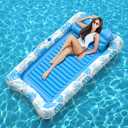 Rrtizan Inflatable Tanning Pool Rafts for Adults, 83.5" x 52.4" Adult Pool Floats with Pillow, Cup Holder & Handles, 4-in-1 Suntan Tub Raft Floatie for Pool, Backyard, Kids' Ball Pit (Blue-White)