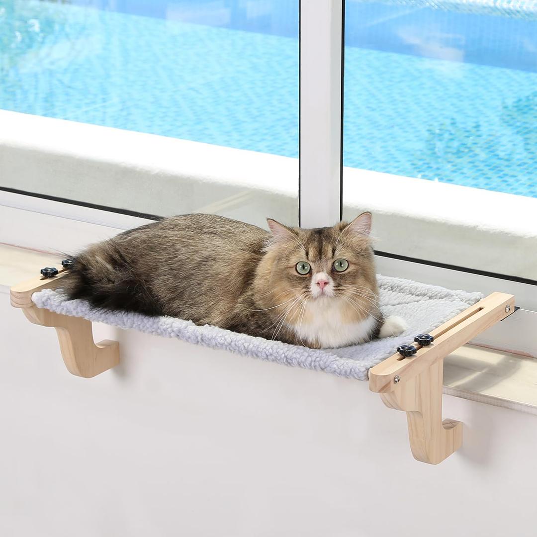 Zakkart Easy Seat Cat Perch for Window Sill - Hammock Design w/Pine Wood & Robust Metal Frame - Cat Window Seat for Large Cats and Kittens (Natural Color Wood w/Gray Bed, Medium (23''W x 14''D)