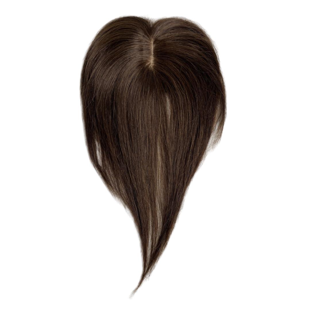 Clip in Human Hair Toppers for Women, Middle Part Lace Human Hair Side Bangs Straight Hairpieces Extensions Hair Volume 10 inch (Dark Brown+No Bangs)