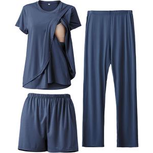 Rnxrbb 3 Piece Postpartum Nursing Pajamas Set Casual Soft Maternity Breastfeeding Pjs Sleepwear Loungewear Clothes Layer, Navy Medium