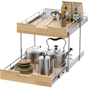 Pull Out Cabinet Organizer,Heavy-Duty Slide Out Shelf, Wood and Wire Basket, Pull Out Drawer for for Kitchen Under Sink Space, Pantry, Bathroom, 2 Tie 14 * 21 in