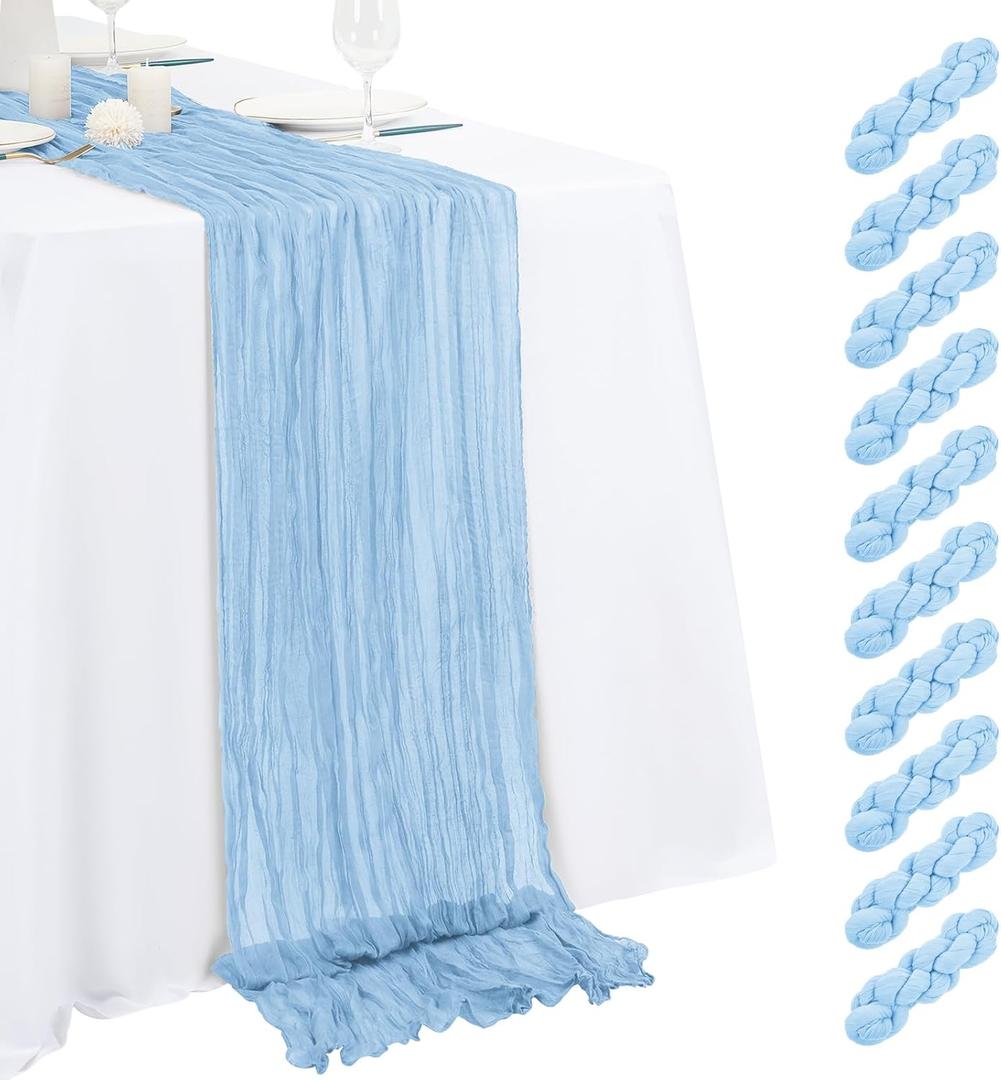 10 Pack Light Blue Cheesecloth Table Runner 17x108 Inch Semi Sheer Boho Gauze Cheese Cloth Table Runners, for Wedding Bridal Shower Birthday Party Home Decor Garden Farmhouse