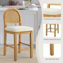 Rattan Counter Height Bar Stools Set of 2, Upholstered Farmhouse Barstools with Natural Rattan Back, Wooden Legs for Kitchen Island, Walnut/Linen