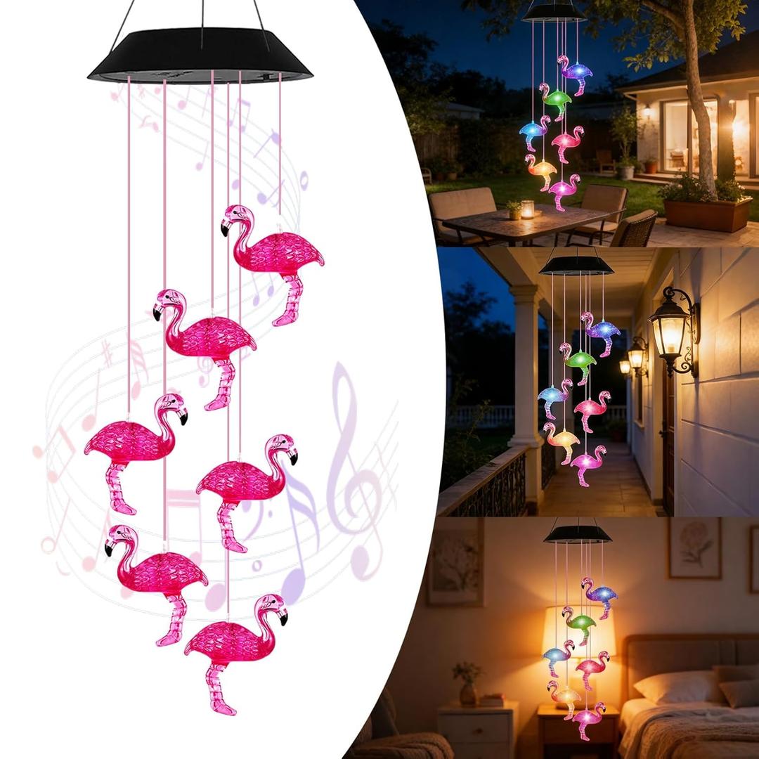 7-Color Light Changing Flamingo Solar Lights for Outside, Solar Lights Gifts for Mother's Day, Solar Flamingo Wind Chimes Gifts for Women, Mom, Grandma, Garden Yard Lawn Outdoor Decor Mobiles
