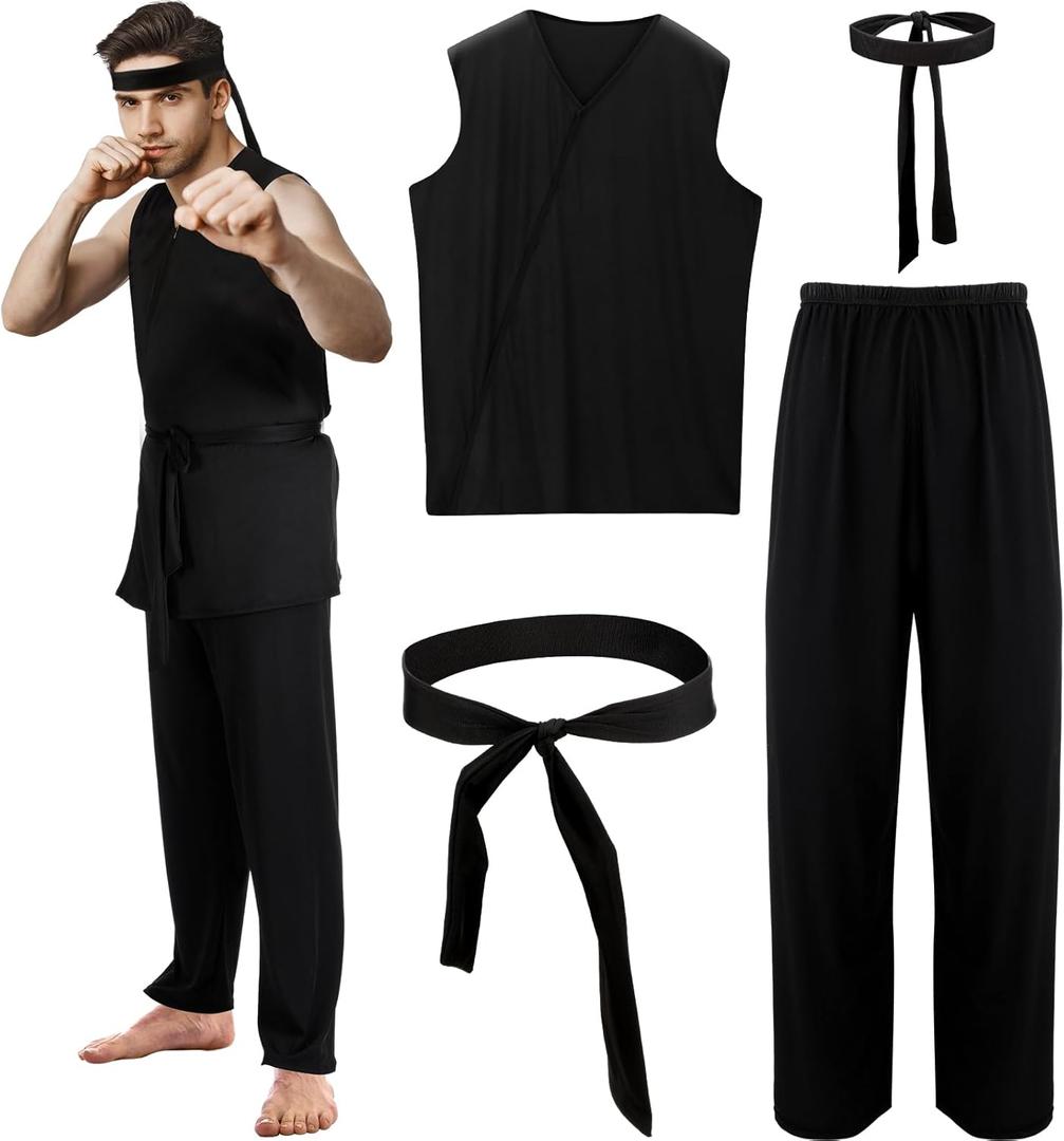 Xtinmee 4 Pcs Karate Costume for Men Halloween Costume Adult Black Karate Gi Dress up Uniform with Headband Cosplay Outfit(XL)