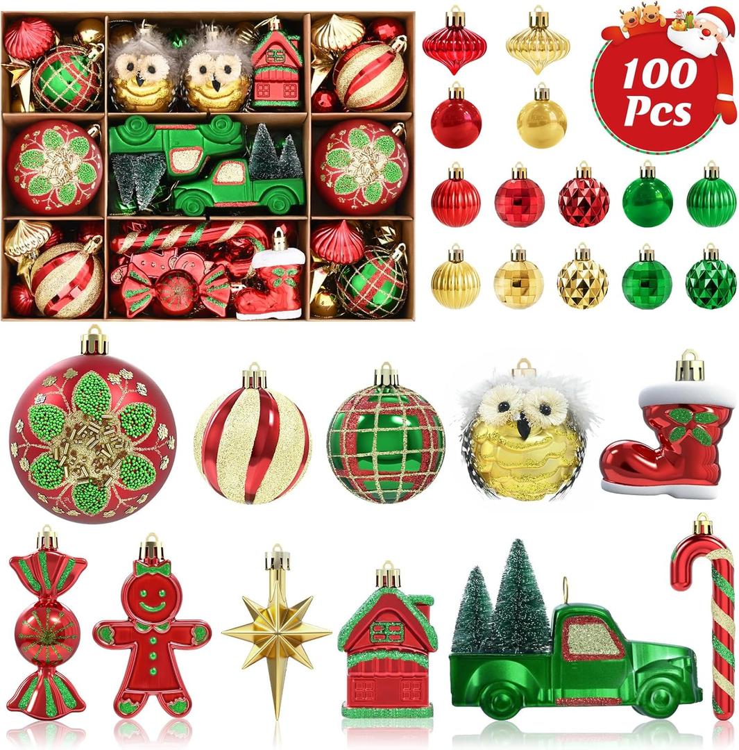 Dolicer 100 Pcs Christmas Ornaments Various Elements Christmas Tree Ornaments Set Red Gold Green Christmas Ball Ornament Shatterproof Hanging Decorations for Xmas Tree Holiday Party, Pre-Tied Strings