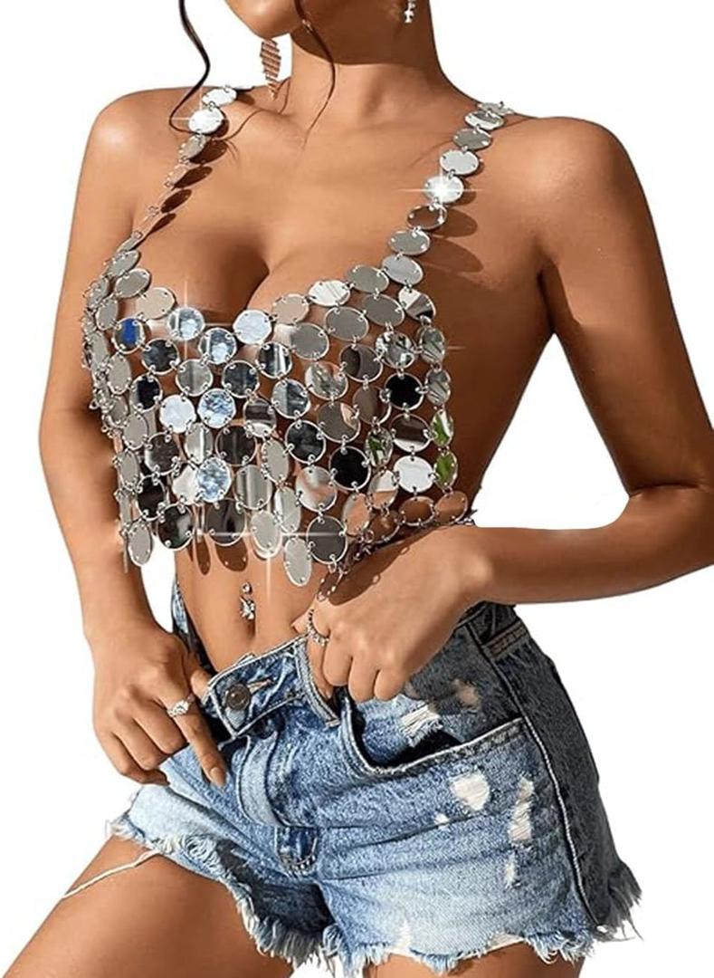 Women Sparkly Sequins Silver Chest Chain Bra Metallic Halter Backless Cami Crop Top Bikini Hollow Out Sexy Body Accessory for Women Rave Clubwear