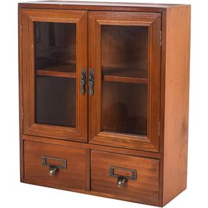 RZGZKLSH Rustic Vintage Mini Pine Counter Top Cabinet  12" L x 4.7" W x 14" H with 2 Doors & 2 Drawers, Antique Apothecary Spice Cabinet for Kitchen, Bathroom, Office Organization & Storage(Brown)