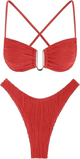 ZAFUL Women's Textured Underwire Bikini Set V Notch High Cut Swimwear Tie Side Ribbed Sexy Swimsuits. Red Small