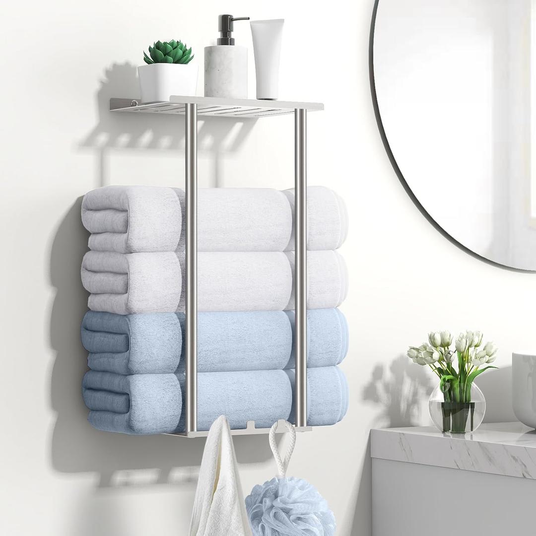 Towel Racks for Bathroom, Wall Mounted Bath Towel Holder Storage Organizer for Rolled or Folded Towels, Towel Storage for Small Bathroom (Brushed Nickle)