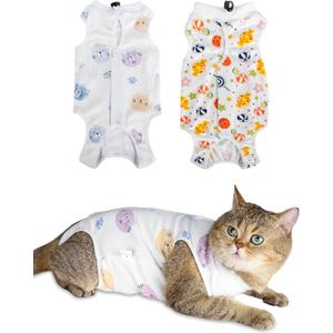 ANWA 2 Pack Cat Recovery Suit - Breathable Cat Onesie for Cats After Surgery Female, Kitten Surgery Recovery Suit Female Abdominal Wounds M