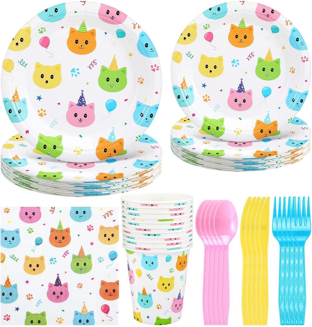 Zhehao 168 Pcs Cat Birthday Party Supplies Cat Birthday Decorations Tableware Set Includes Plates, Napkins, Cups, Knife, Fork and Spoon Dinnerware for Kitten Party Decorations, Serves 24