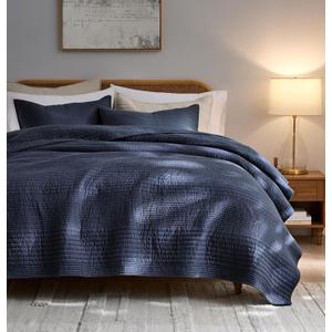 palassio Striped Navy Blue 100% Cotton Quilt King Size Bedding Sets, Lightweight Crinkly Channel Pick Stitch Textured Bedspread Soft Shabby Chic Farmhouse Country Coverlet for All Season, 2 Shams