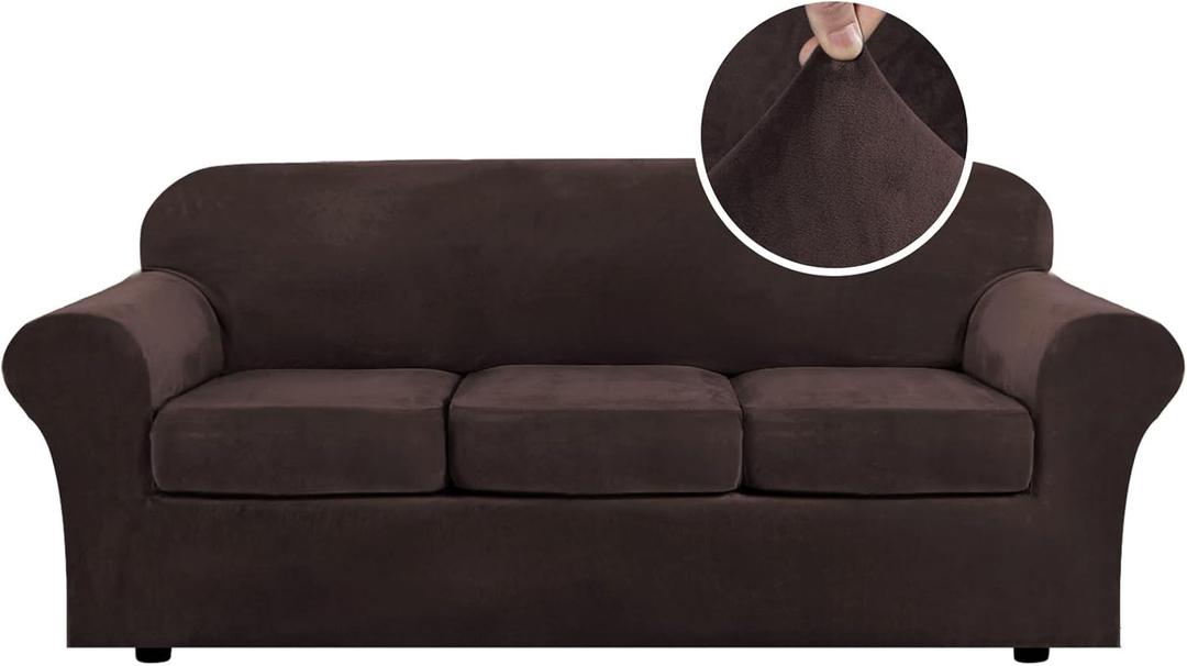 H.VERSAILTEX Modern Velvet Plush 4 Piece High Stretch Sofa Slipcover Sofa Cover Furniture Protector Form Fit Luxury Thick Velvet Sofa Cover for 3 Cushion Couch Width Up to 90 Inch (Sofa,Brown)