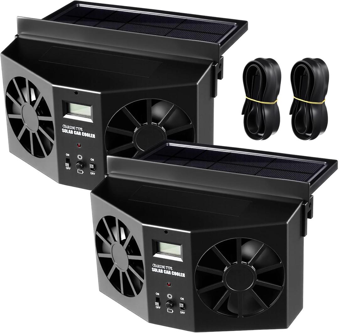 Tujoe 2 Pack Solar Powered Car Exhaust Fan 3 Fans Car Window 4500 RPM Air Vent Radiator Solar Energy Cooling Vent Exhaust for General Types(Solar 2 Fans, Black)