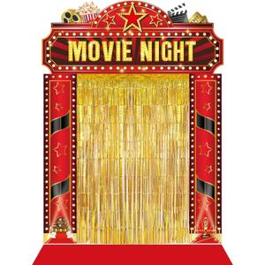 Movie Night Porch Sign Banner Movie Themed Party Decorations Gold Foil with Red Carpet Runner Movie Theater Film Show Backdrop for Home Entryway Birthday Photo Prop Party Supplies