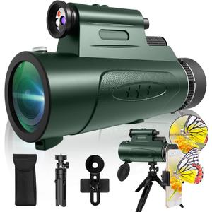 Monocular Telescope with Lights HD Monoculars 80x100 for Adults High Powered Monocular for Hunting with Smartphone Holder & Tripod, Handheld Telescope Suitable for Bird Watching Stargazing-Green