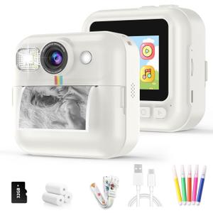 Kids Instant Print Camera for Girls Age 3-8, Toddler Travel Selfie Video Camera Toys with Color Pens (White)