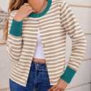 Saodimallsu Womens Striped Cardigan Sweaters Button Down Lightweight Color Block Crewneck Long Sleeve Knit Fall Cardigan, M, 8-10