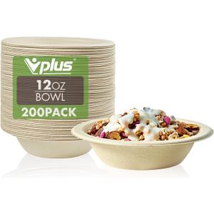 Vplus 200 Pack 12 OZ Paper Bowls, Disposable Compostable Bulk, Eco-friendly Bagasse, Heavy-duty Bowls Perfect for Milk Cereals, Snacks, Salads
