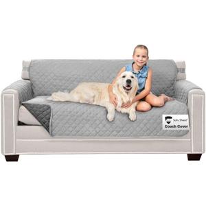 Sofa Shield Couch Slip Cover with Patented Strap, Cushion Protector, US Designed Reversible Stain and Dog Tear Resistant Slipcover, 62 inch Seat, Washable Covers for Dogs Pets, Light Gray Charcoal