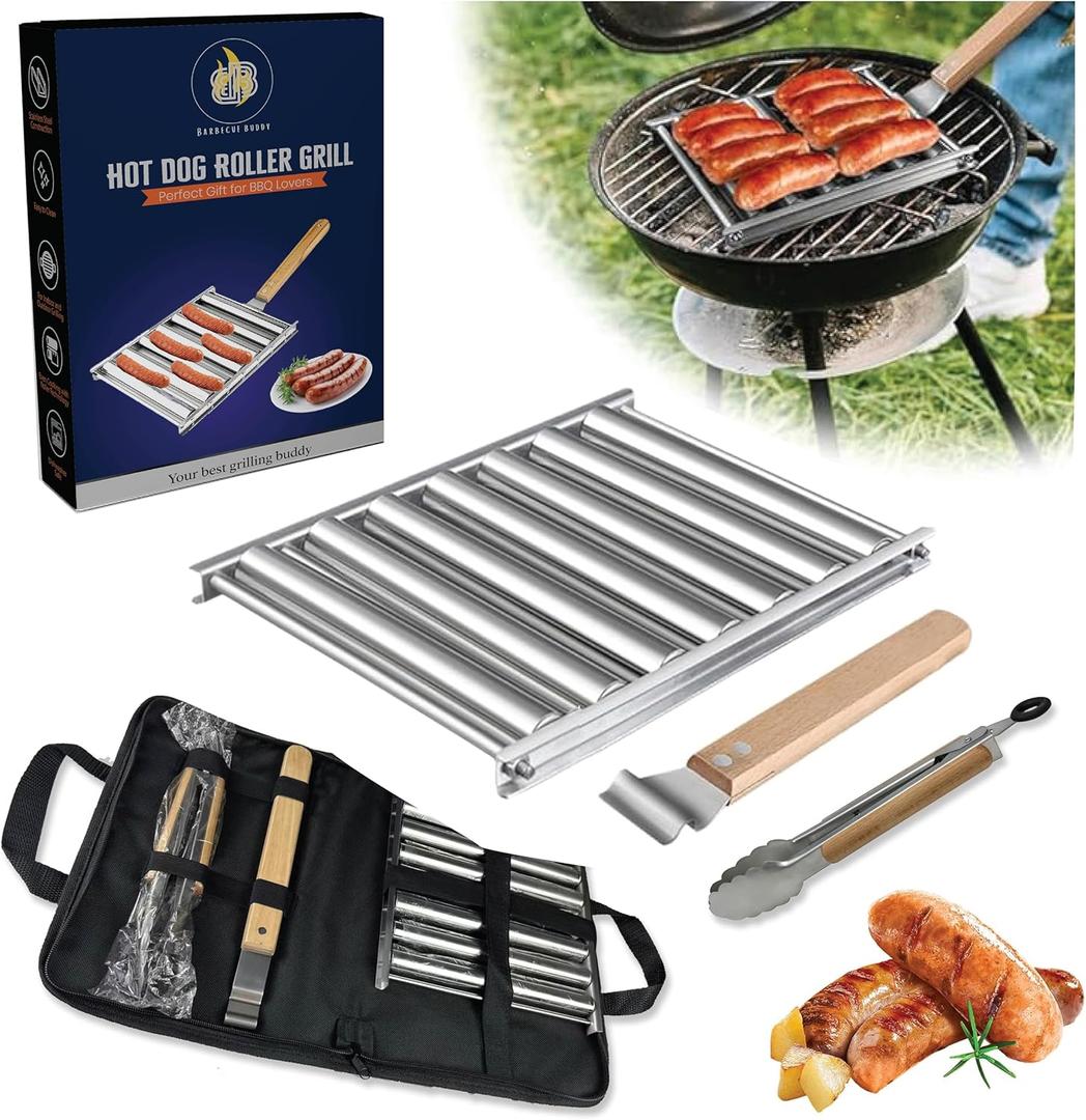 7 Roller Stainless Steel Hot Dog Roller Grill  Large Size for 6 Hot Dogs, Indoor & Outdoor Use, Perfect for Sausages, Kebabs and Hot Dogs. Dishwasher Safe